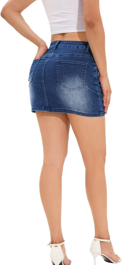 Women'S Button down Front Denim Short Skirt with Side Pocket