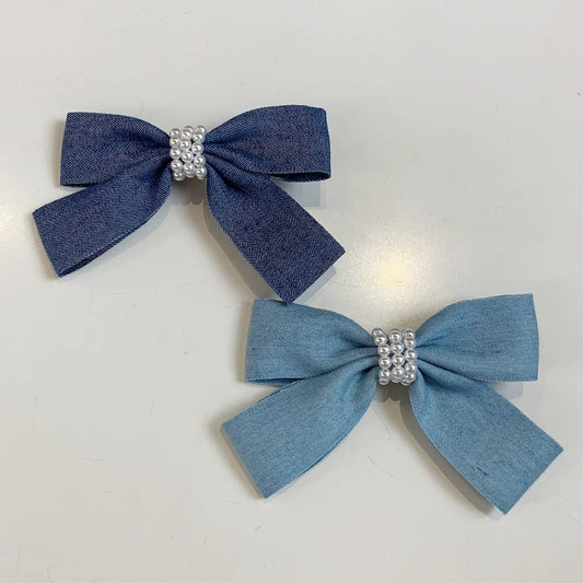 Blue Denim Hair Bow Clips for Women Girls Fashion Pearl Bowknot Alligator Barrette Hairpins Handmade Fall Winter Outfits Decor Accessories Xmas Gift Set 2 Pcs