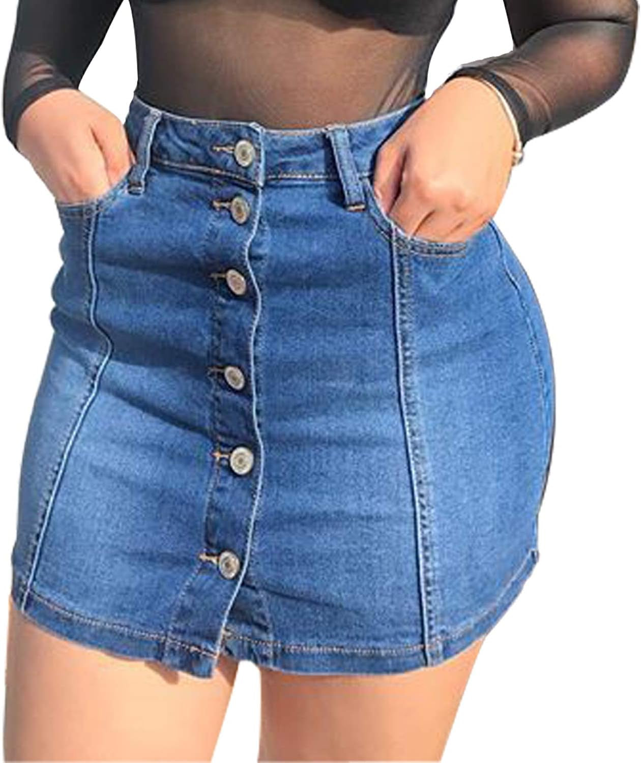 Women'S Button down Front Denim Short Skirt with Side Pocket