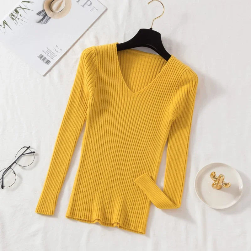 Casual Long Sleeve Knitted V Neck Pullover Sweater