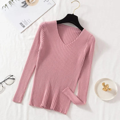 Casual Long Sleeve Knitted V Neck Pullover Sweater