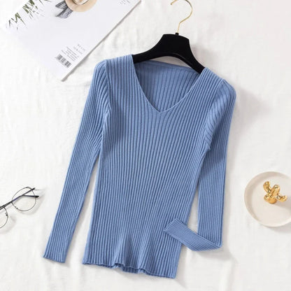 Casual Long Sleeve Knitted V Neck Pullover Sweater