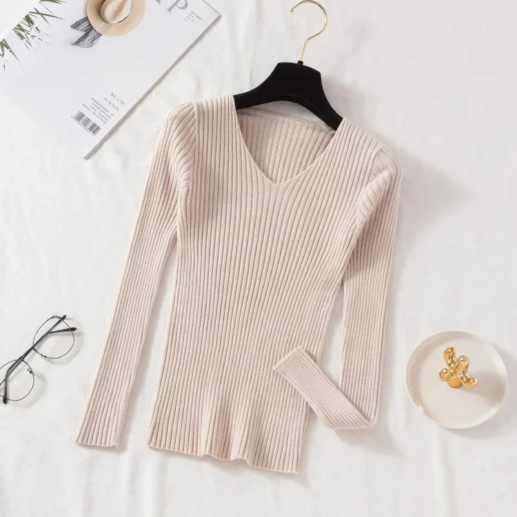 Casual Long Sleeve Knitted V Neck Pullover Sweater