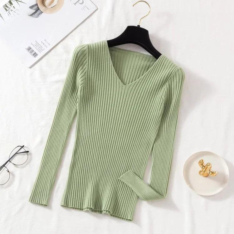 Casual Long Sleeve Knitted V Neck Pullover Sweater