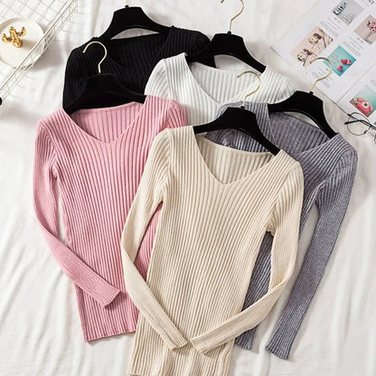 Casual Long Sleeve Knitted V Neck Pullover Sweater