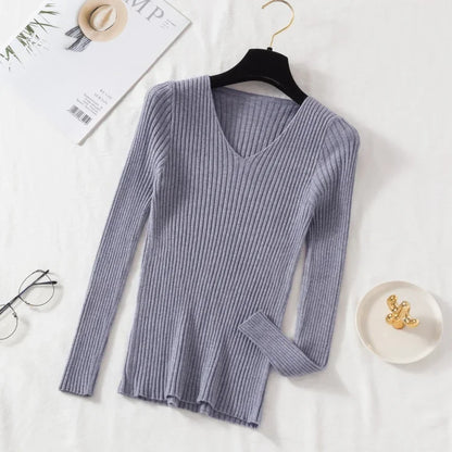 Casual Long Sleeve Knitted V Neck Pullover Sweater