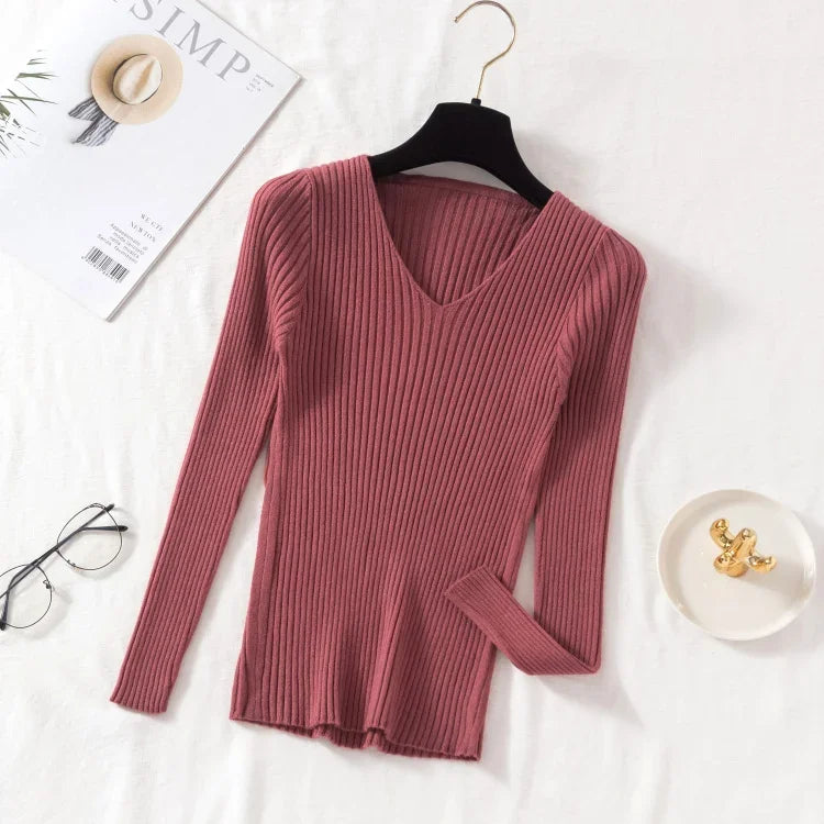 Casual Long Sleeve Knitted V Neck Pullover Sweater