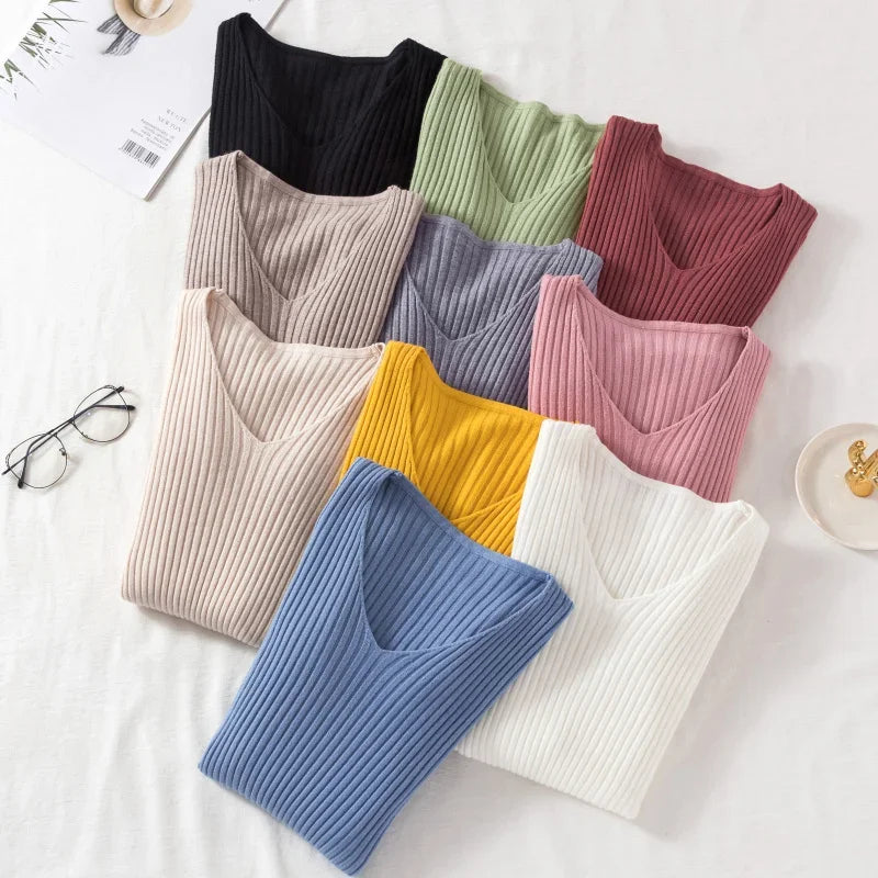 Casual Long Sleeve Knitted V Neck Pullover Sweater