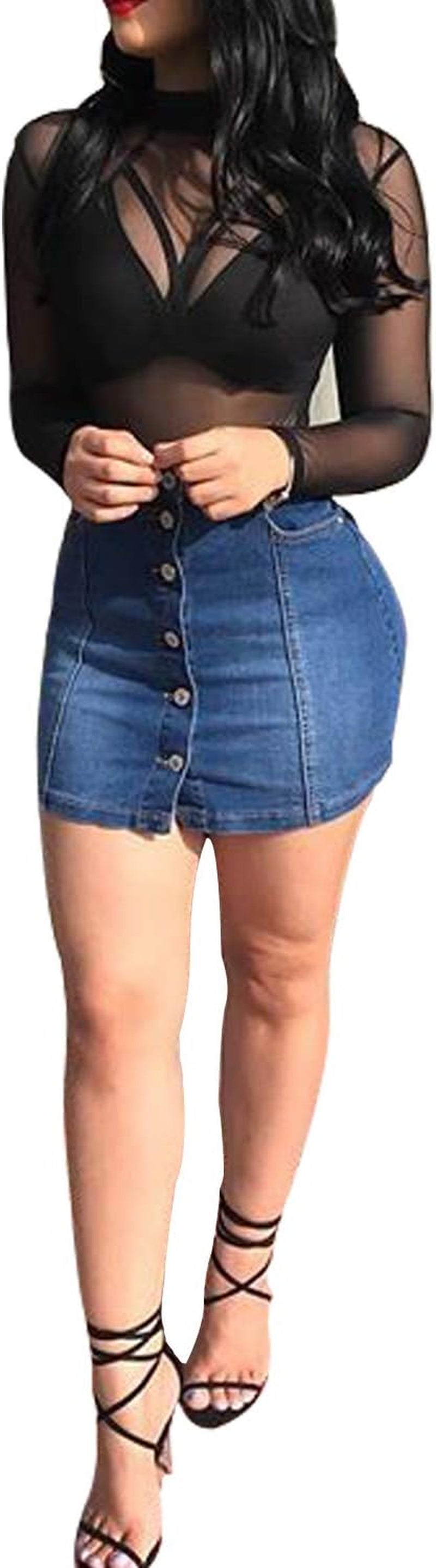 Women'S Button down Front Denim Short Skirt with Side Pocket