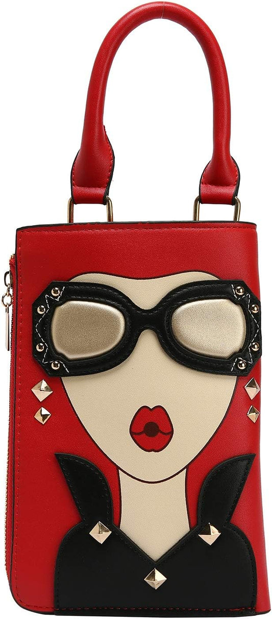 Women Novelty Lady Face Shoulder Bags Funky PU Leather Top Handle Satchel Handbags Clutch Purse for Women